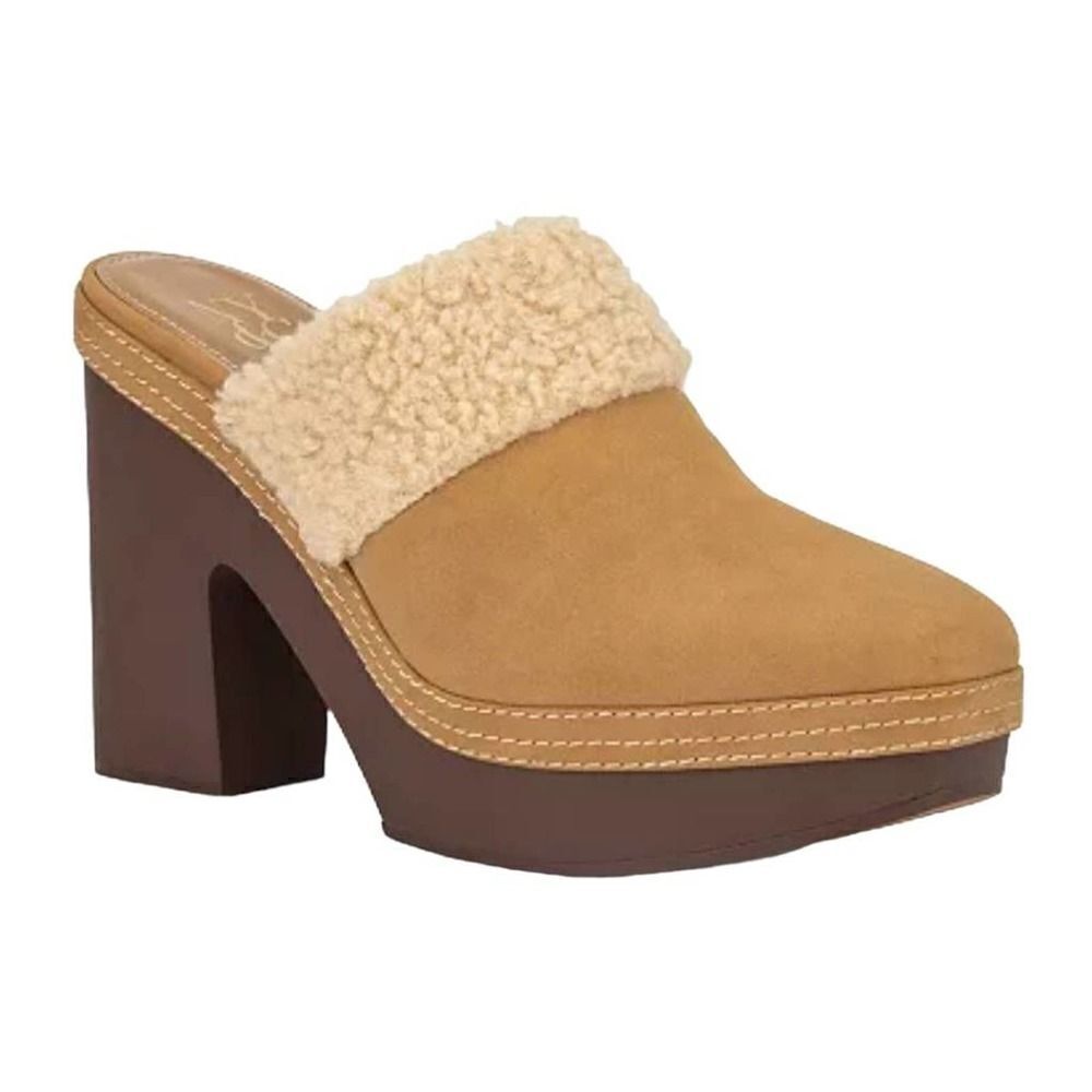New York & Company Bailey Clog Faux Sherpa Lined Brown Tan Slip On Heel 8 M New